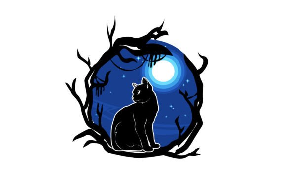 Download Spooky Cat Illustration in Trees Night - Illustration Collection