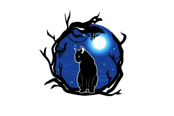 Download Spooky Cat Illustration in Trees Moon - Illustration Collection