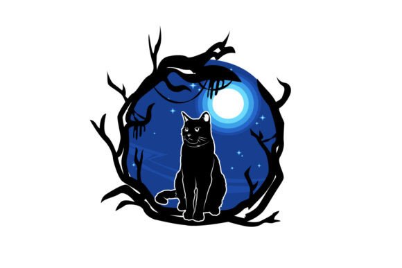 Download Spooky Cat Illustration in Trees Moon - Illustration Collection